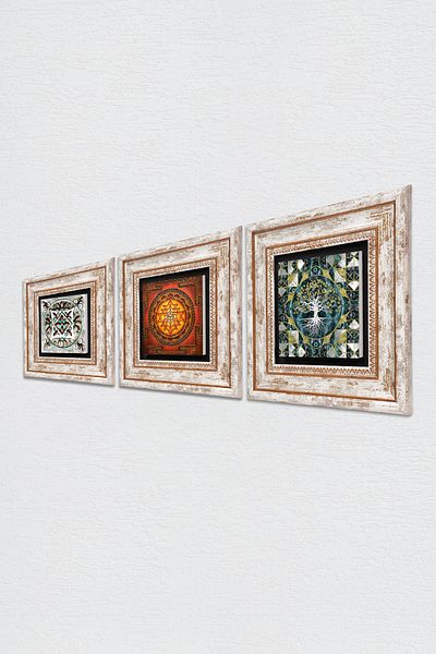 Pinecone Tree of Life, Sri Yantra, Chinese Art Stone Wall Painting Framed Wall Decor 3 Piece Set Tk3-694