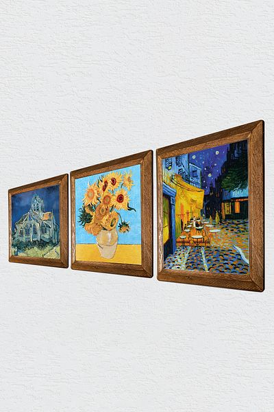 Pinecone Biserica Van Gogh, cafenea pe terasă noaptea, douăsprezece vază de floarea soarelui pictură pe perete de piatră decor de perete înrămat
