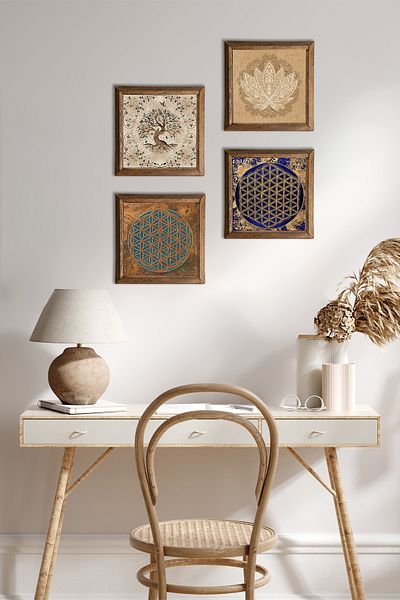 Pinecone Lotus Flower, Flower of Life, Tree of Life Stone Wall Painting Wood Framed Wall Decor Painting W4-819
