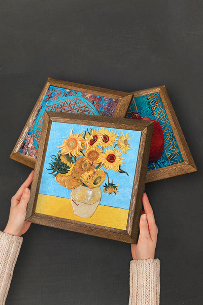 Pinecone Van Gogh Stone Wall Painting with Wood Frame Wall Decor 3 Piece Painting Set Wall Art W3-93