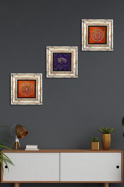 Pinecone Δέντρο της ζωής, Sri Yantra, Πέτρινη Ζωγραφική Τοίχων Mandala Διακόσμηση τοίχου με κορνίζα Σετ ζωγραφικής 3 τεμαχίων Wall Art
