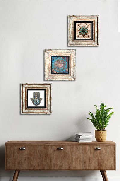 Pinecone Floarea vieții, Vintage cu model marocan, Fatma Ana Hand (HAMSA) Pictură pe perete cu piatră Decor de perete înrămat