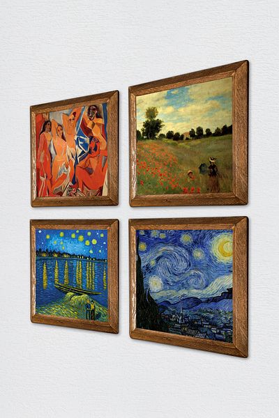 Pinecone Picasso, Monet, Van Gogh Pictură pe perete de piatră Decor de perete cu rame din lemn Set de pictură 4 piese W4-942