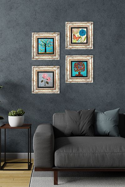 Pinecone Butterfly, Pink Hydrangea Flower, Tree of Life Stone Wall Painting Framed Wall Decor Set of 4 Wall Art