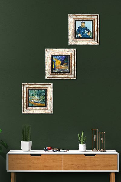 Pinecone Pictură pe perete cu piatră Van Gogh Decor de perete înrămat Set de pictură din 3 piese Wall Art Tk3-468