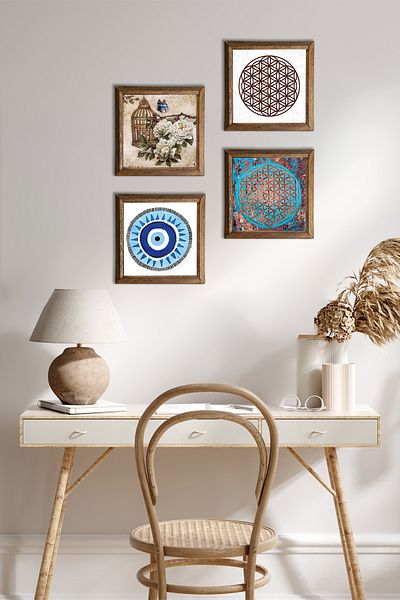 Pinecone Evil Eye, Flower of Life, Butterfly Flower Stone Wall Painting Wooden Framed Wall Decor Painting W4-831