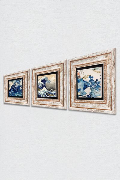 Pinecone Japanese Art, Mount Fuji, Great Wave Stone Wall Painting Framed Wall Decor 3 Piece Set Wall Art