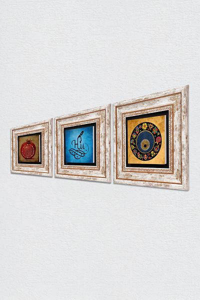 Pinecone Fertility Prayer, Hu, Nazar Stone Wall Painting Framed Wall Decor 3 Piece Painting Set Tk3-293