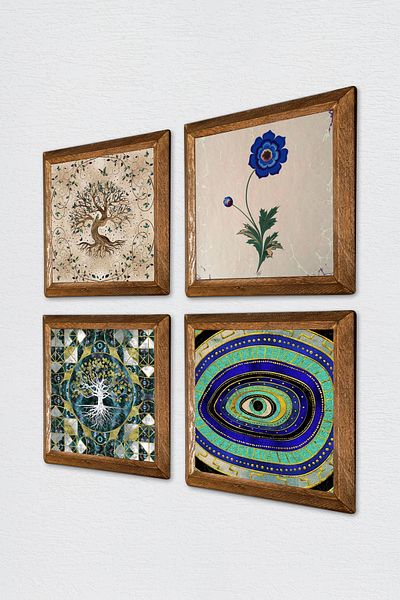 Pinecone Evil Eye, Marbling Art, Tree of Life Stone Wall Painting Wooden Framed Wall Decor 4 Piece Painting Set