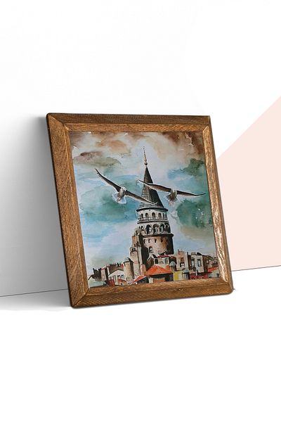 Pinecone Istanbul Galata Tower Stone Wall Painting Wood Framed Wall Decor Wall Art 25x25cm