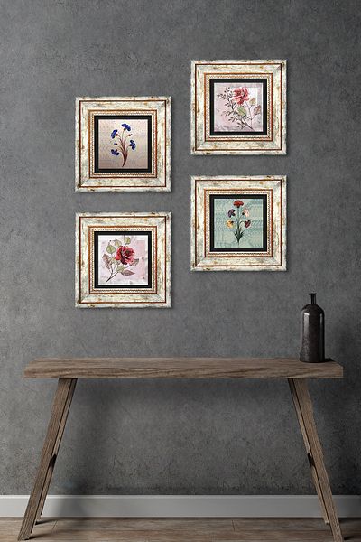 Pinecone Rose Flower, Marbling Art Stone Wall Painting Framed Wall Decor 4 Piece Painting Set Wall Art Tk4-1375