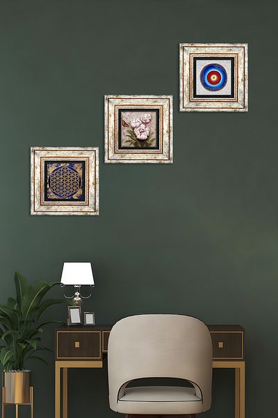 Pinecone Evil Eye, Flower of Life, Butterfly Flower Stone Wall Painting Framed Wall Decor 3 Piece Set Wall Art