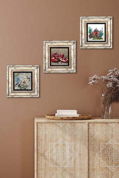 Pinecone Istanbul Hagia Sophia, Butterfly Flower, Pomegranate Stone Wall Painting Framed Wall Decor Set of 3 Tk3-1145