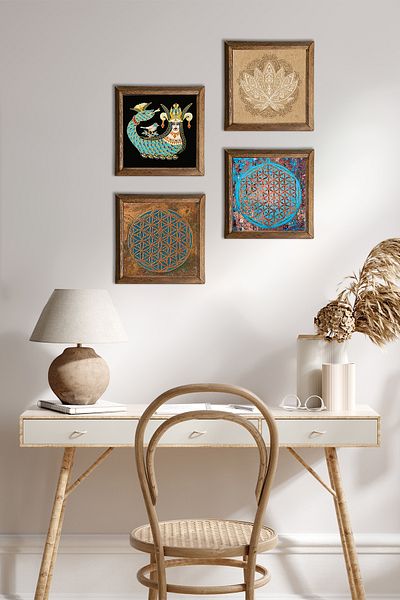 Pinecone Floarea vieții, Floarea Lotusului, Arborele vieții, Pictură pe perete din piatră Shahmeran Decor de perete cu rame din lemn
