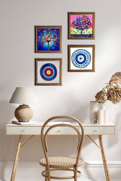 Pinecone Evil Eye, Tree of Life Stone Wall Painting Wooden Framed Wall Decor 4 Piece Painting Set W4-845