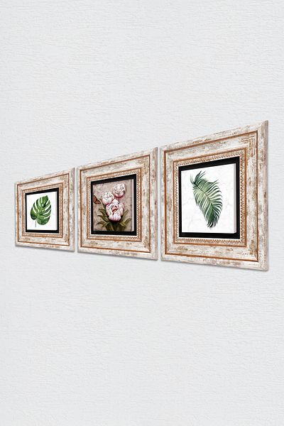 Pinecone Leaf, Flower with Butterfly Stone Wall Painting Framed Wall Decor 3 Piece Painting Set Wall Art