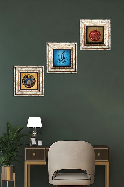 Pinecone Fertility Prayer, Hu, Nazar Stone Wall Painting Framed Wall Decor 3 Piece Painting Set Tk3-293