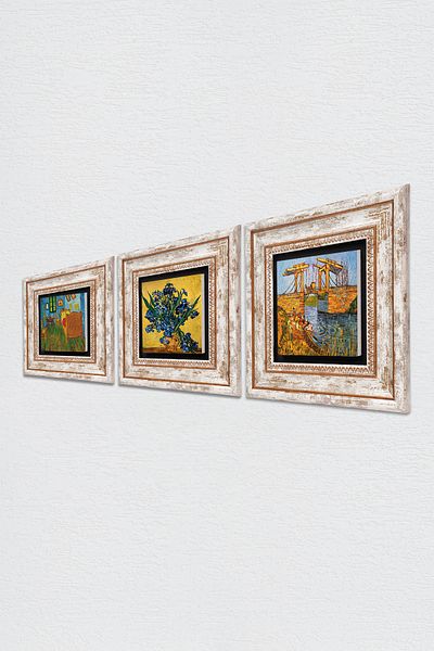 Pinecone Van Gogh Irises, Bedroom, Langlois Bridge Stone Wall Painting Framed Wall Decor 3 Piece Painting