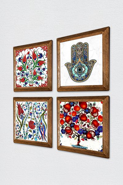 Pinecone Tulip, Pomegranate Tree, Fatma Mother Hand Stone Wall Painting Wooden Framed Wall Decor Set of 4 Paintings