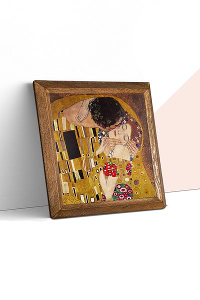 Pinecone Gustav Klimt the Kiss Stone Wall Painting Wooden Framed Wall Decor Wall Art 25X25Cm