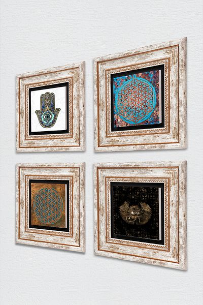 Pinecone Ochiul lui Horus, Floarea Vieții, Mâna Maitei (HAMSA) Pictură pe perete cu piatră Decor de perete înrămat 4 bucăți