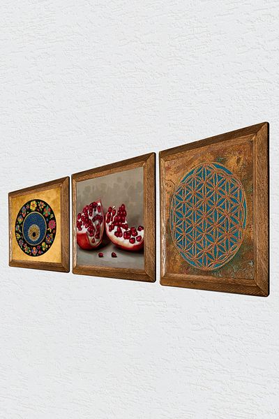 Pinecone Flower of Life, Evil Eye Bead, Pomegranate Stone Wall Painting Wood Framed Wall Decor Painting Set W3-1623