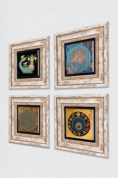 Pinecone Flower of Life, Evil Eye, Shahmeran Stone Wall Painting Framed Wall Decor 4 Piece Painting Set Tk4-456