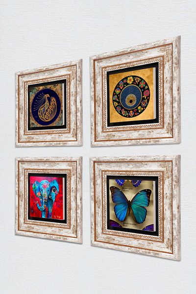 Pinecone Butterfly, Elephant, Peacock, Evil Eye Stone Wall Painting Framed Wall Decor 4 Piece Painting Set Tk4-337