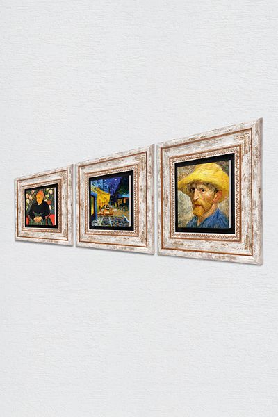 Pinecone Van Gogh Self-Portrait, La Berceuse, Night in the Cafe Terrace Stone Wall Painting Framed Wall Decor 3 Pieces