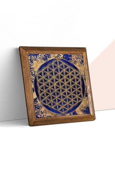 Pinecone Flower of Life Stone Wall Painting Wooden Framed Wall Decor Wall Art 25X25Cm W1-173