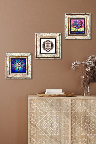 Pinecone Flower of Life, Tree of Life Stone Wall Painting Framed Wall Decor 3 Piece Painting Set Tk3-340