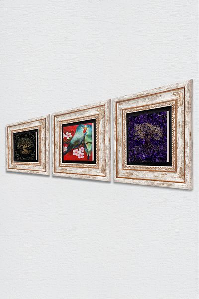 Pinecone Păsări, Arborele Vieții Pictură pe perete din piatră cu rame Decor de perete Set de pictură din 3 piese Artă de perete