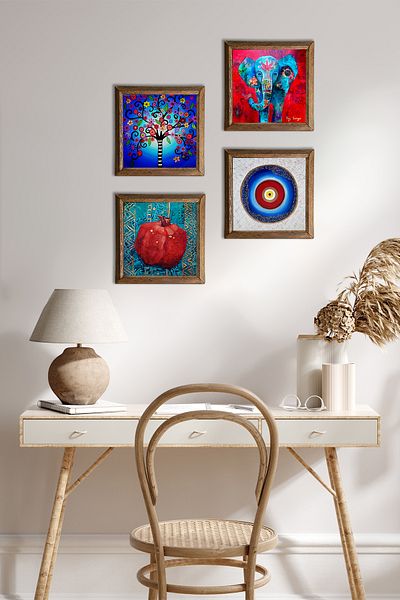 Pinecone Evil Eye, Elephant, Tree of Life, Pomegranate Stone Wall Painting Wooden Framed Wall Decor Set of 4 Painting W4-871