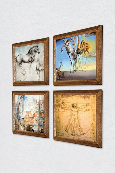 Pinecone Salvador Dali, Da Vinci Stone Wall Painting with Wood Frame Wall Decor 4 Piece Painting Set W4-971