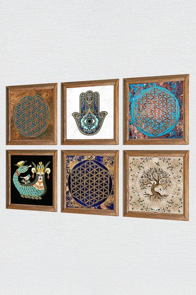 Pinecone Flower of Life, Shahmeran, Tree of Life, Mother Hand of Fatma (Hamsa) Stone Painting Wooden Framed Wall Decor