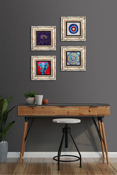 Pinecone Evil Eye, Mandala, Tree of Life, Elephant Stone Wall Painting Framed Wall Decor Set of 4 Paintings Tk4-1165