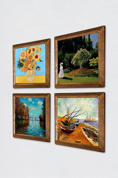 Pinecone Van Gogh, Claude Monet Stone Wall Painting with Wood Frame Wall Decor 4 Piece Painting Set W4-1022