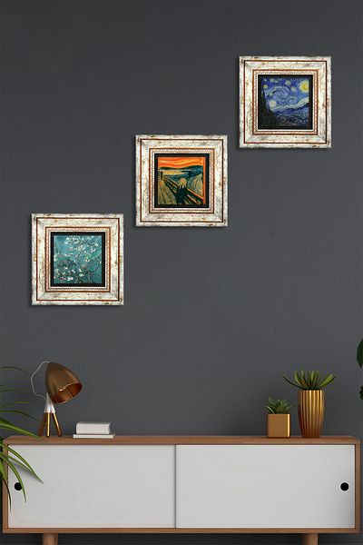 Pinecone The Scream Painting, Van Gogh Starry Night, Almond Tree Stone Wall Painting Framed Wall Decor 3 Pieces