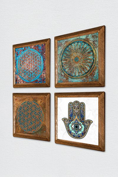 Pinecone Floarea vieții, Fatma Mâna Maicii Pictură pe perete din piatră Decor de perete cu rame din lemn Set de picturi din 4 piese W4-422