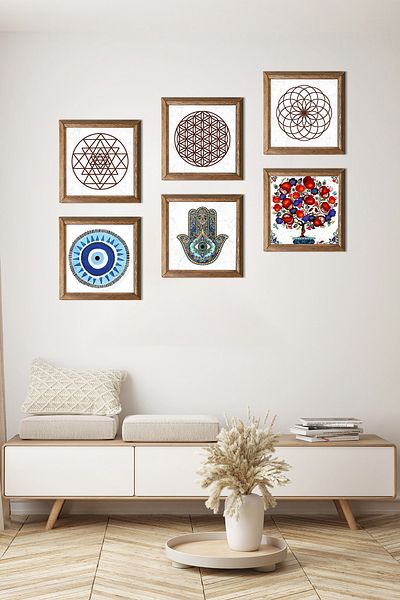 Pinecone Evil Eye, Flower of Life, Sri Yantra, Pomegranate Tree, Mother Hand of Fatma (Hamsa) Stone Painting Framed Wall Decor