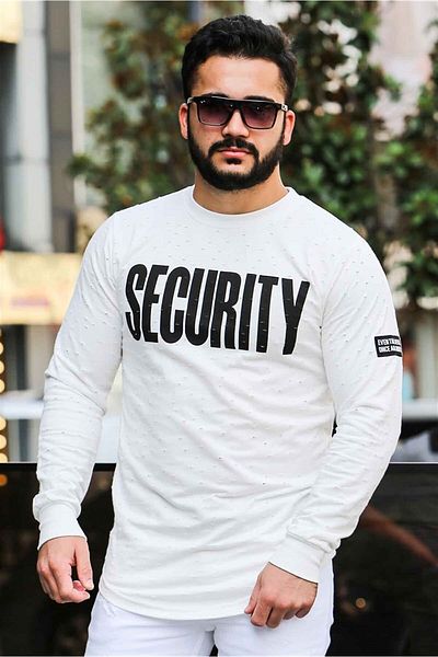 Madmext Weißes Sweatshirt mit zerrissenem Detail und Aufdruck 4126