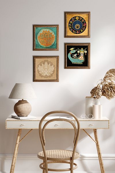 Pinecone Lotus Flower, Evil Eye, Shahmeran Stone Wall Painting Wooden Framed Wall Decoration Set of 4 Paintings