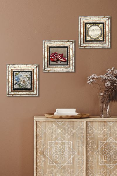 Pinecone Hilye-I Sheriff, Butterfly Flower, Pomegranate Stone Wall Painting Framed Wall Decor 3 Painting Set Tk3-1136