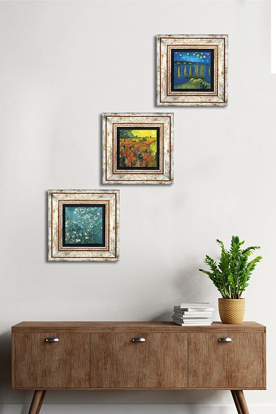 Pinecone Pictură pe perete cu piatră Van Gogh Decor de perete înrămat Set de pictură din 3 piese Wall Art Tk3-597