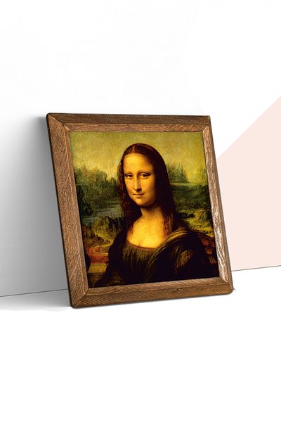 Pinecone Leonardo Da Vinci Mona Lisa Stone Wall Painting with Wooden Frame Wall Decor Wall Art 25X25Cm