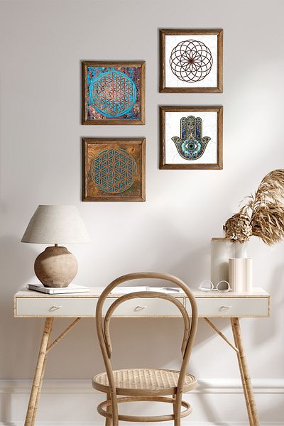 Pinecone Flower of Life, Fatma Mother Hand Stone Wall Painting with Wooden Frame Wall Decor 4 Piece Painting Set W4-420