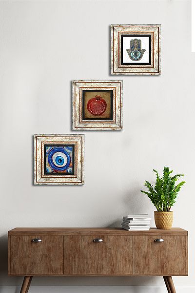 Pinecone Evil Eye, Prayer for Fertility, Fatma Mother Hand (Hamsa) Stone Wall Painting Framed Wall Decor