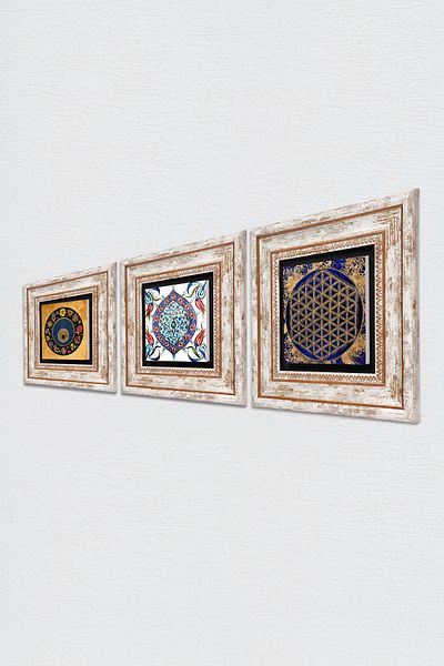 Pinecone Flower of Life, Evil Eye Bead, Tile Art Stone Wall Painting Framed Wall Decor Set of 3 Tk3-355