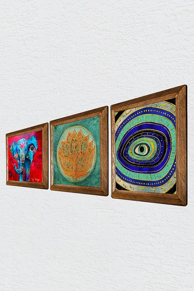 Pinecone Elephant, Evil Eye, Lotus Flower Stone Wall Painting Wooden Framed Wall Decor 3 Piece Painting Set Wall Art