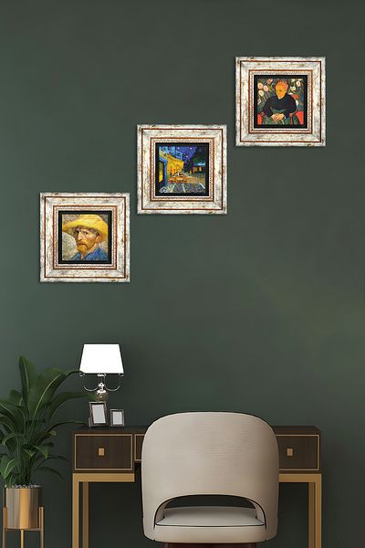 Pinecone Van Gogh Self-Portrait, La Berceuse, Night in the Cafe Terrace Stone Wall Painting Framed Wall Decor 3 Pieces